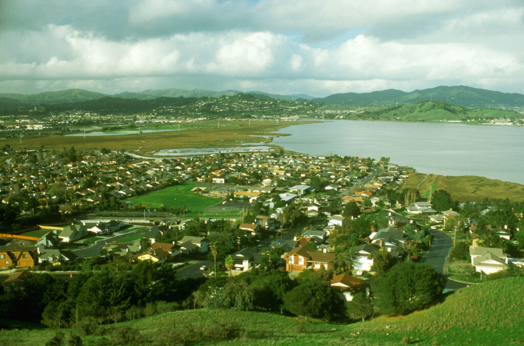 View from Ring Mountain with Corte Madera and the mouth of Corte Madera Creek.