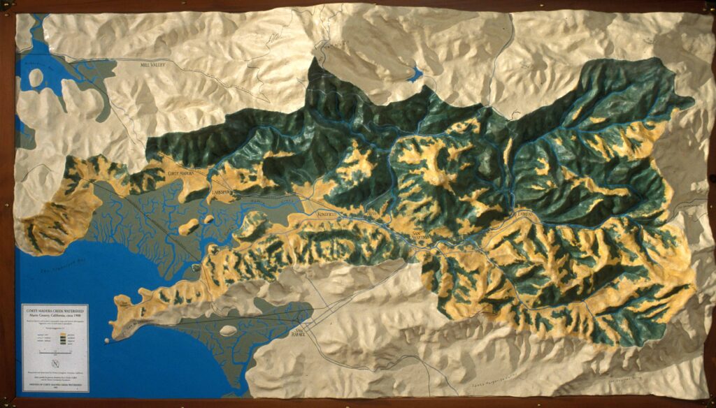 Relief map of the watershed with developments by 1900. The map was commissioned by Friends and made by Dewey Livingstone.